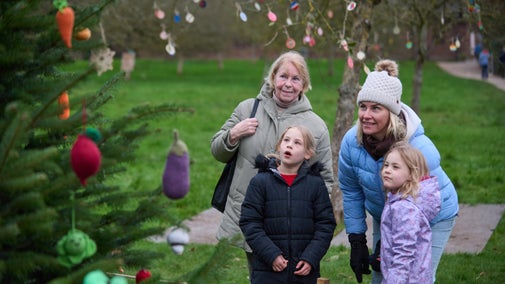 A family of four looking at Christmas decorations on a tree in a garden.